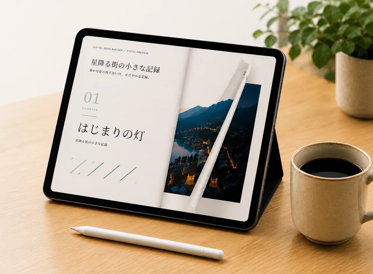 木製デスクのタブレットでWebBookMakerのサンプルWebブックを開いているイメージ